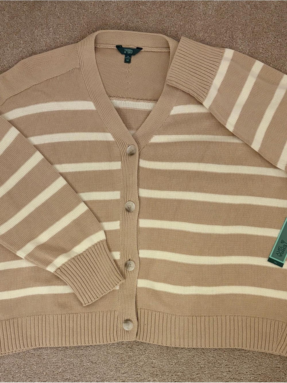 Striped V-Neck Cardigan Sweater in Beige Tan and Cream NWT Size 3X 24W-26W - Picture 3 of 15
